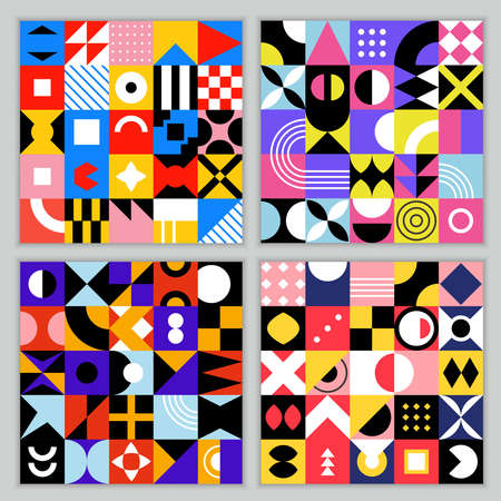 Neo geo pattern. Seamless background with geometrical shapes vintage colored squares circles...