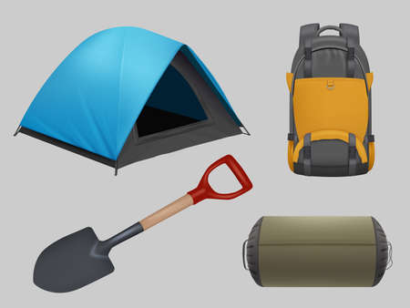 Camping realistic. Travel elements guitar tent backpack campfire decent vector illustrations collection isolated on white backgroundのイラスト素材