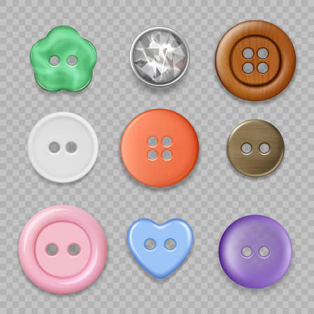 Tailor buttons. Colored clothes buttons closeup textile accessories fabric fashioned craft round items decent vector realistic pictures setのイラスト素材