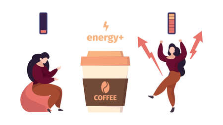 Coffee energy. Woman before and after drinking hot drink. Active life position, tired female vector characterのイラスト素材