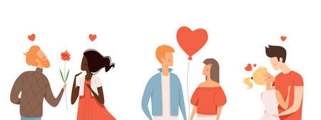 Multicultural couple in love. People hugging, kisses characters. Family, boyfriend hug girlfriend vector charactersのイラスト素材