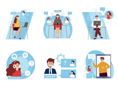 Customer service. Headset office help characters phone dialogue with clients corporate clients talking happy consultant recent vector flat illustrationsのイラスト素材