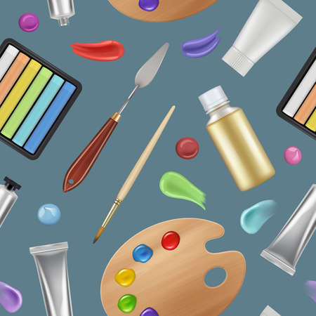 Painter tools pattern. Materials for artists brushes colored oil pallets pencils tubes for paintings textile design project templates decent vector seamless backgroundのイラスト素材