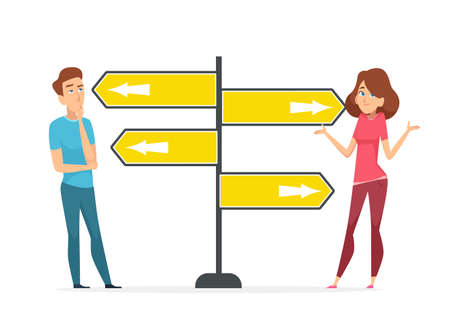 People choose way. Doubt man woman, moder person choice problem. Diverse ways, direction road sign vector conceptのイラスト素材