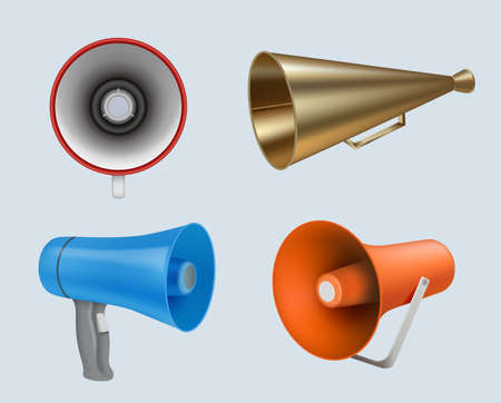 Megaphone. Marketing loud speaker communication realistic alarm horns decent vector megaphones collectionのイラスト素材