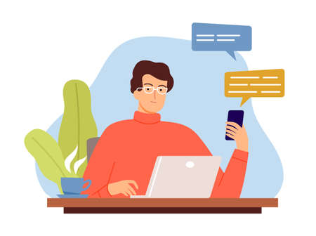 Online communication concept. Man find idea, boy work from home. Busy manager or web developer vector illustrationのイラスト素材