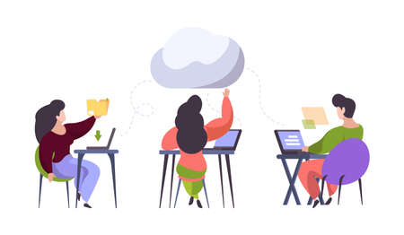 Remote teamwork concept. Cloud storage technologies, work together in internet. People working on...