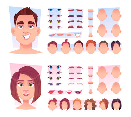 Male face constructor. Man face parts avatar creation kit lips nose eyes head various emotions exact vector illustrations in cartoon styleのイラスト素材