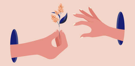 Hands with flower. Hand from blue hole hold berry bunch. Abstract contemporary art of love or dating, male female sexual relations vector conceptのイラスト素材
