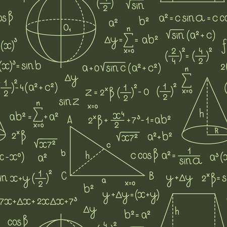 Formula pattern. Math or geometry formulas with letters and numbers graphs and symbols complex scientific diagrams for trigonometry garish vector seamless backgroundのイラスト素材