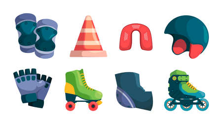Roller items. Accessories for urban skate park retro rollers of 80s gloves helmet healthy activities...