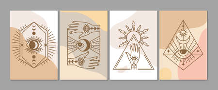 Stylish esoteric cards. Mystical line elements, modern art banners template. Abstract liquid forms and magical signs vector posters setのイラスト素材