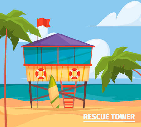 Lifeguard buildings. Seaside background with guard professional wooden building garish vector illustrations of security constructionのイラスト素材