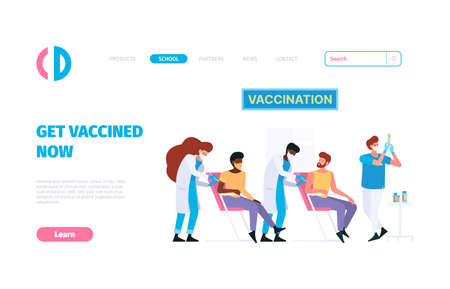 Vaccination landing. Medical treatment prevention covid nurse making vaccine garish vector flat pictures for business pagesのイラスト素材