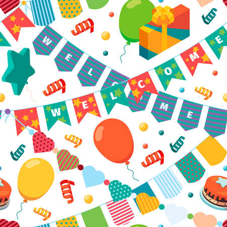 Colored bunting flags pattern. Kids birthday party celebration items event banners for textile design projects garish vector seamless backgroundのイラスト素材