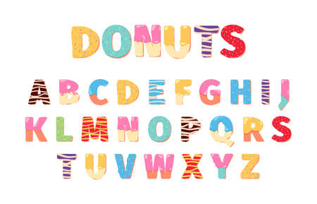 Donuts alphabet. Attraction funny text letters food cake lettering 3d dessert symbols for design menu projects garish vector illustrations alphabet templatesのイラスト素材