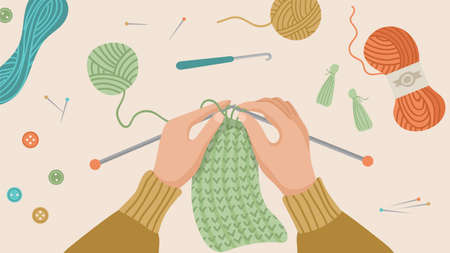 Hand knitted. Hands knitting, knit cloth from wool thread. Autumn or winter time, hygge concept. Handcraft hobby vector backgroundのイラスト素材