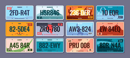 Car plates. Steel vehicle license numbers for usa regions colorado america texas info schemes with numbers and letters garish vector picture templatesのイラスト素材