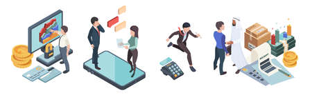 Startup project. Finding investments, partners and support team help guy sell business ideas vector isometric conceptのイラスト素材