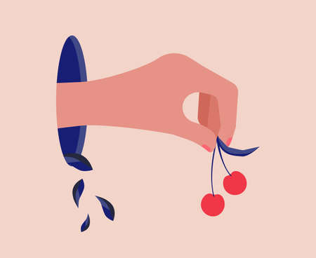 Hand from hole hold cherry. Contemporary abstract concept. Modern art, red arm with berry and falling leaves vector illustrationのイラスト素材