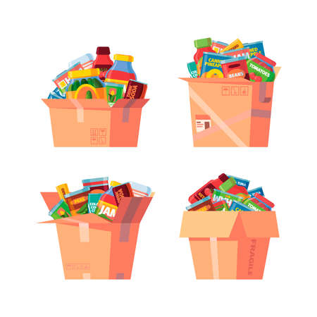 Food in cardboard box. Canned products in containers grocery packages warehouse boxes with jars conserved soup garish vector illustrations collectionのイラスト素材