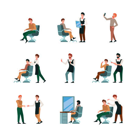 Barbershop workers. Hairdresser characters working in beauty salon barber shop tools razor scissors hair dryer garish vector flat illustrationsのイラスト素材