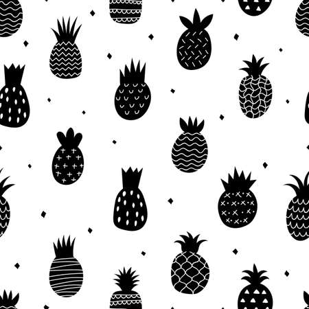 Black pineapple pattern. Doodle abstract pineapples decorative seamless texture. Fruits vector printのイラスト素材
