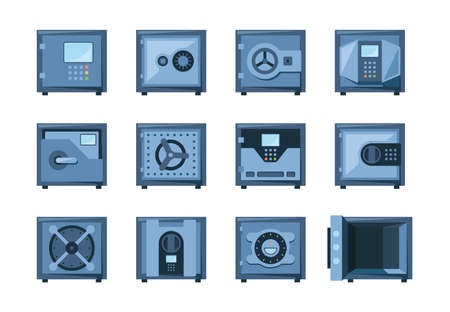 Safe deposit symbols. Bank secure systems steel containers for money garish vector. Icons set isolatedのイラスト素材