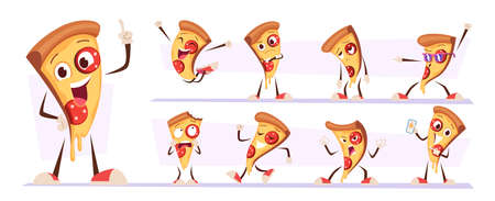 Pizza mascot. Funny food character in action poses happy styling cute persons exact vector illustrations isolatedのイラスト素材