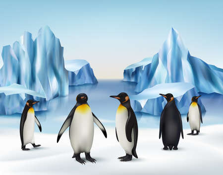 Ice rocks. North pole cold snow background with penguins standing on iceberg outdoor antarctica environment decent vector realistic illustrationのイラスト素材