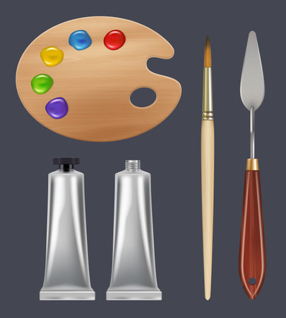Tools for artists. Oil paint tubes palette with colors pencils brushes splashes craft office supplies decent vector realistic collectionのイラスト素材