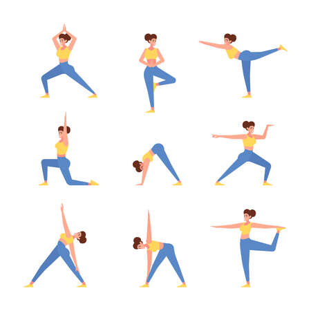 Yoga persons. Sport female characters healthy lifestyle people yoga stretch poses garish vector colored flat picturesのイラスト素材