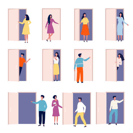 Door and people. Male and female persons standing opening door from living room interior exit office reception recent vector charactersのイラスト素材