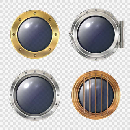 Round ship window. Metallic spaceship or submarinas illuminator transparent hole futuristic rocket industry safe doors decent vector realistic templatesのイラスト素材