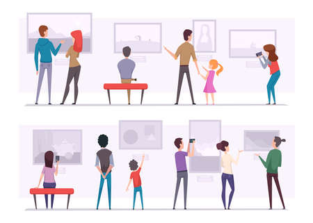 Exhibition people. Art gallery visitors person looking museum pictures artful exact vector illustrations in cartoon styleのイラスト素材