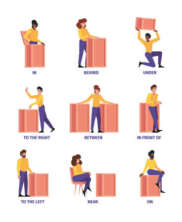 Place prepositions. Learning language rules words articles and prepositions above under behind near garish vector flat illustrationsのイラスト素材
