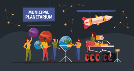 Planetarium interior. People in space museum innovation systems for education characters solar...