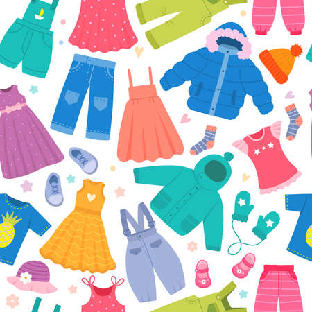 Clothes pattern. Kids fashioned pants jackets shirt textile design projects recent vector seamless backgroundのイラスト素材