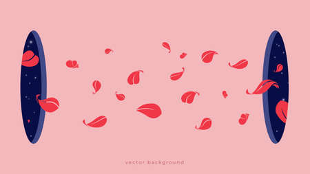 Leaves flying from holes. Modern abstract artwork with two windows in Universe and leaf, vector contemporary bannerのイラスト素材