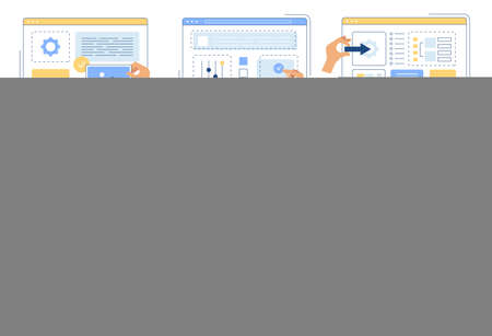 Hands making app. Web developers designers or engineers creative team create website layout pages with dividers vector working human handのイラスト素材