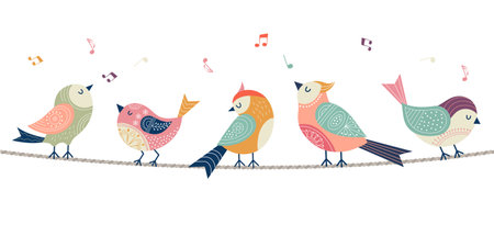 Singing birds banner. Abstract folk bird sitting on rope. Isolated decorative animal vector elementのイラスト素材