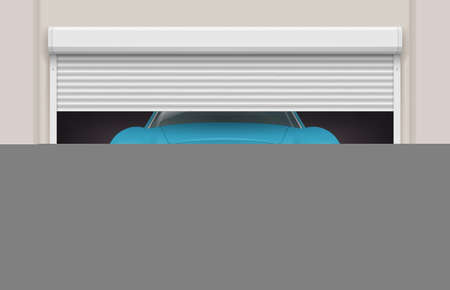 Car in garage. Roller doors at parking gates front view automobile decent vector realistic illustrationのイラスト素材