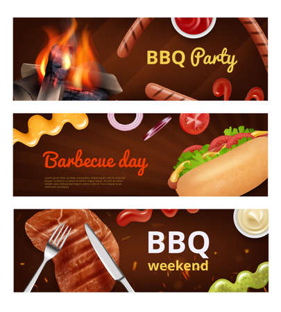 Bbq banners. Meal sausage for grill party hot dog burgers with steak beverage food decent vector promotional pictures with place for textのイラスト素材