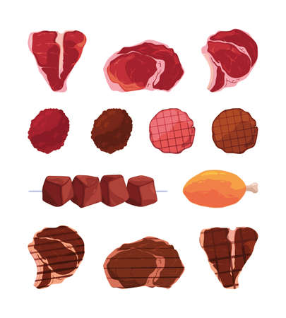 Fried steak. Restaurant kitchen fired meat fresh beef sausages pork steaks garish vector flat pictures collectionのイラスト素材