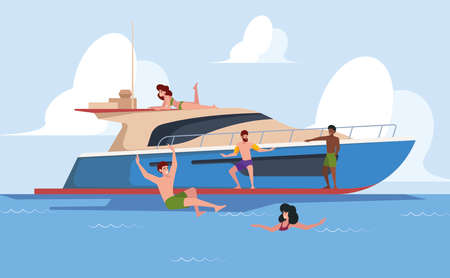 Relax on yacht. People dancing on ship beach dancing on cruise boat party in ocean garish vector flat backgroundのイラスト素材
