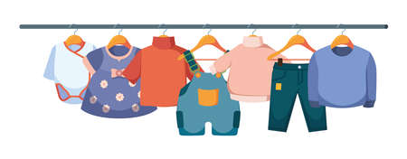Kids clothes on hangers. Wardrobe of casual clothes for children jackets pants fabric colorful dresses garish vector flat illustrationのイラスト素材