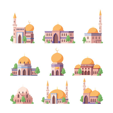 Arabic mosque. Religion authentic arabesque buildings geometric roofs with domes sultan home garish vector flat illustrations isolatedのイラスト素材