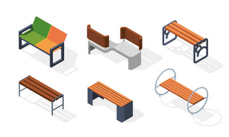 Urban benches isometric. Outdoor city decoration wooden square comfort furniture garish vector 3d illustrationsのイラスト素材