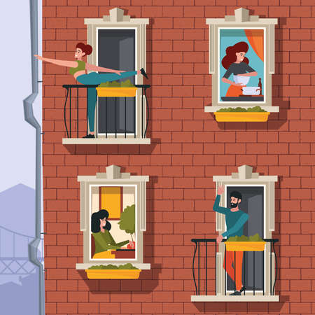 Home facade window. Outdoor views for buildings modern apartments windows and balcony garish vector neighborhood peopleのイラスト素材