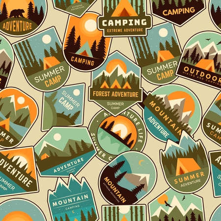 Camp badges pattern. Exploring logo for scouts outdoor adventure forest and mountains recent vector seamless backgroundのイラスト素材